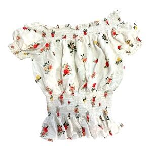 Romantic Summer White Floral Smocked Blouse Medium Milkmaid Cottagecore Peasant